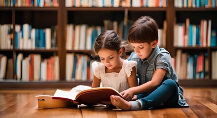 Wall Mural - Children reading a book in the library.