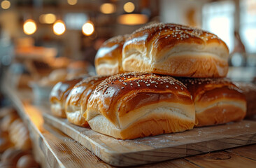 A stack of bread with sesame seeds on top. The bread is on a wooden table. The bread is brown and looks fresh