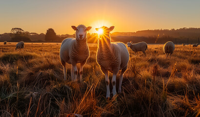 Wall Mural - Two sheep standing in a field with the sun shining on them. The sheep are looking at the camera