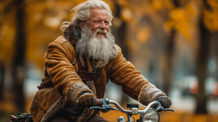 Wall Mural - Mature beard man riding his bicycle.