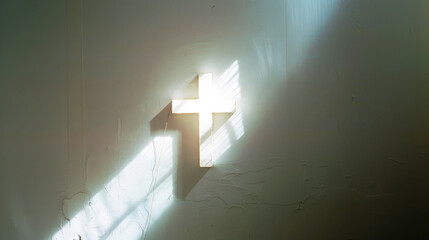 Canvas Print - Cross in the light of the sun on a white wall. Christian symbol.