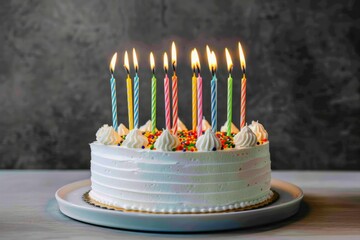 Wall Mural - Delicious birthday cake decorated with colorful sprinkles and lit candles is displayed on a plate