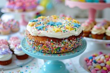 Wall Mural - Delicious round cake decorated with white icing, colorful sprinkles and star shaped candies standing on a turquoise cake stand