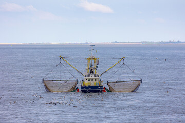 fishery concept, fishing boat sailing in the sea with net or trawl on the side to catch the fish, fl