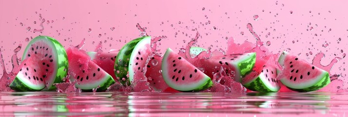 Wall Mural - Abstract minimalist 3d watermelon splash in light red background concept for design projects, wide banner