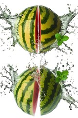 Wall Mural - Colorful abstract watermelon and mint splashing on white glass, minimalist style, vertical