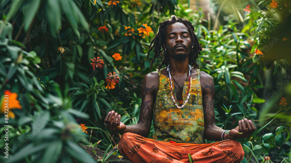 Peaceful man sitting in a cross-legged meditation pose in a green ...