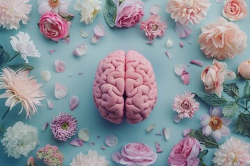 A pink brain is surrounded by flowers on a blue background