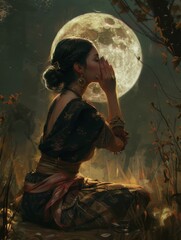 Canvas Print - A woman is sitting in a field with a large moon in the background