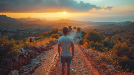 Wall Mural - A man stands on a dirt road looking out at the sunset