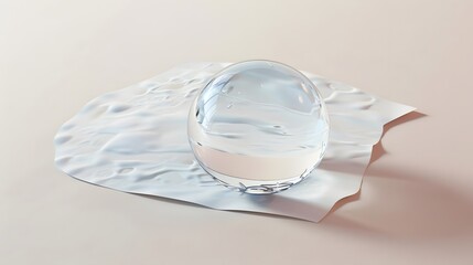 Wall Mural - Crystal clear water bubble on a white sheet of crumpled paper.