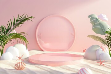 Wall Mural - A pink sphere with a green leaf on top of it