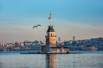 Wall Mural - Maiden's Tower with beautiful sunrise sky in Istanbul, Turkey. (Turkish Name: KIZ KULESI). Colorful sunrise sky in Istanbul.