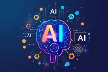 Wall Mural - Creative AI Concept Illustration with Digital Circuit Patterns and Colorful Icons on Deep Blue Background