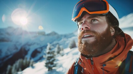 Bearded man wearing ski goggles and equipment looks sideways against the backdrop of sunny winter mountains.