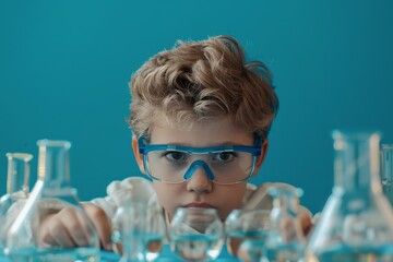 Young scientist wearing safety glasses looking at beaker during experiment. Blue background