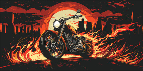 Poster - vector motorcycle burns with fire .Generative AI