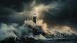 © Suleyman - A lighthouse stands tall amidst a raging storm, its beacon piercing through the darkness. Thunder rumbles overhead, lightning illuminates the sky, and towering waves crash against the shore.