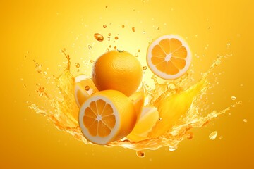 Wall Mural - Fresh orange fruit with juice splash on yellow background. 3d rendering