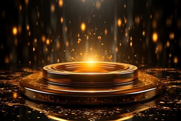 Poster - 3D Illustration of a Golden Fountain on a Black Background. Podium