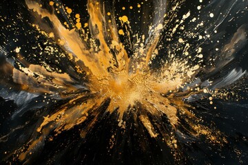 Poster - Abstract gold and black acrylic paint mixing together, creating an explosive background