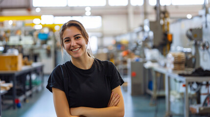 Proud young woman with a cheerful demeanor poses in a manufacturing workshop