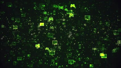 Wall Mural - Internet Online Space. Flying Gadget Icons and Particles. Dark Green Tech Background. Looped video.