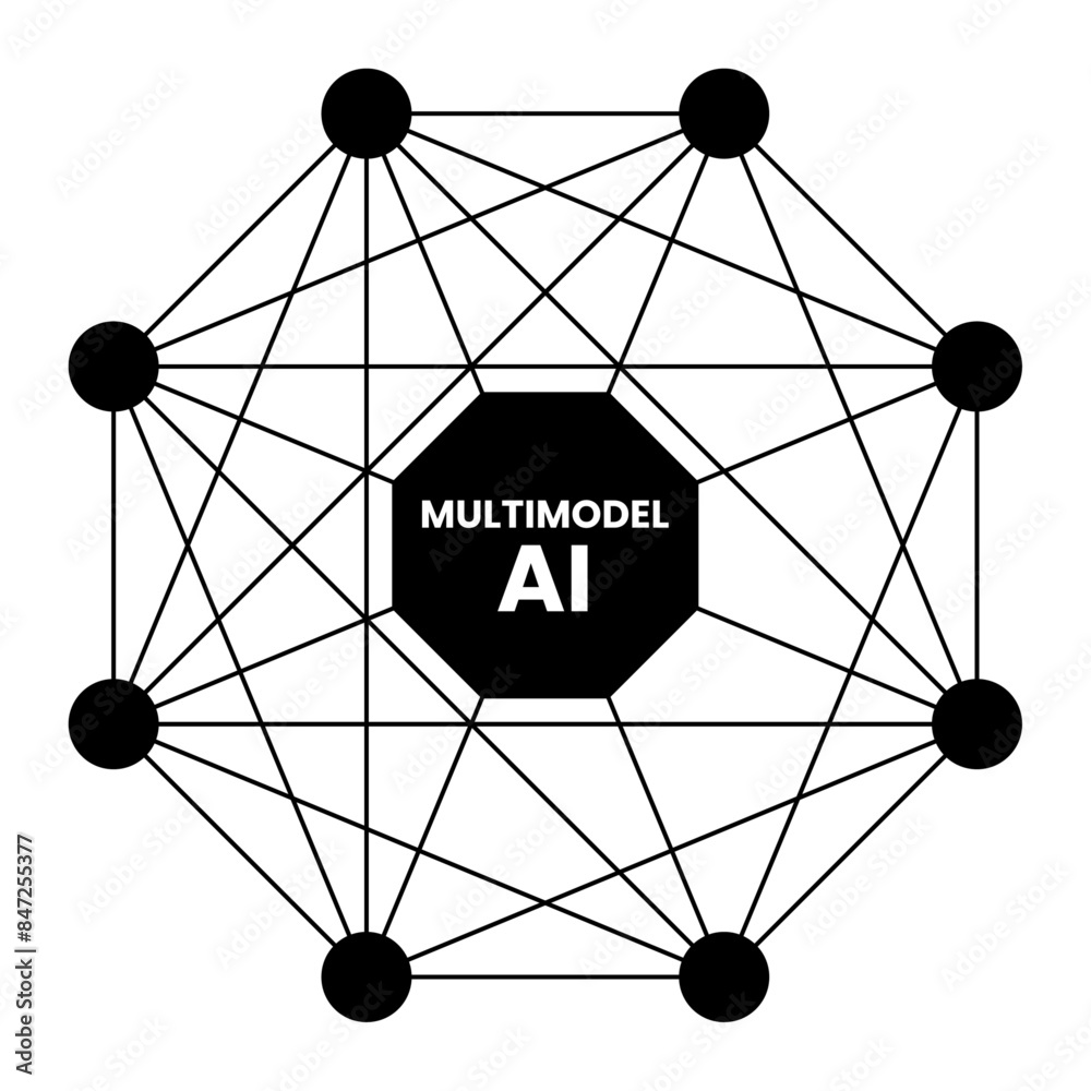 Multimodal AI vector illustration. Multimodal infographic with icons, text, voice, video, data, speech bubble. Multimodal AI Infographic: Featuring Voice, Video, Text, and Image. 