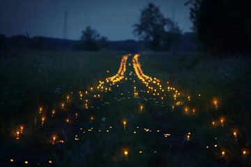 Wall Mural - A requiem's theme visualized as a tapestry of light woven by fireflies in a dark meadow