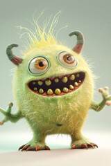 Wall Mural - Smiling green monster with wild eyes and a furry coat is waving