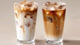 Refreshing summer beverage A duo of chilled latte coffees served with ice