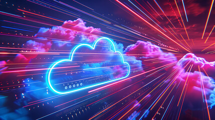 Wall Mural - a stylized representation of cloud computing technology. Neon lines and digital elements converge into a central cloud icon