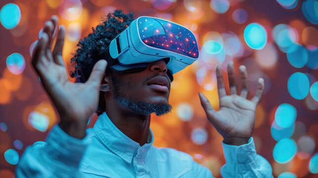 A person wearing VR goggles, immersed in a virtual game world, with vivid and dynamic visuals