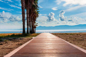 summer season landscape of a beach road to the sea with palm sidewalk way blue watewr and cloudy sky with mountains on background