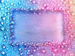 Wall Mural - Macro shot of raindrops on a blue and pink gradient surface, forming a frame for copy space for text.