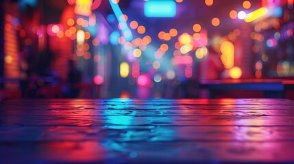 Nightclub background with a blurry effect and and empty table at the foreground, generative AI