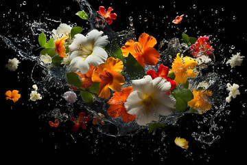 Colorful flowers splashing in water against a black background