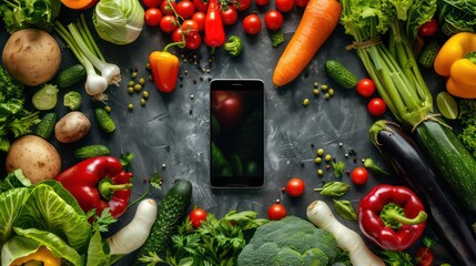 Fresh vegetables food delivery from mobile phone on isolated background,banner background