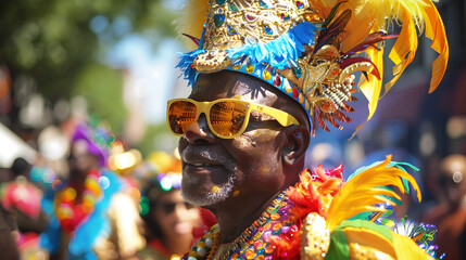 a man in a colorful costume and sunglasses at a parade in a city street with people walking on the street
