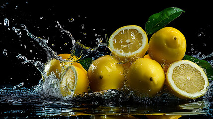 Wall Mural - a group of bright yellow lemons, some whole and one sliced in half, with green leaves attached