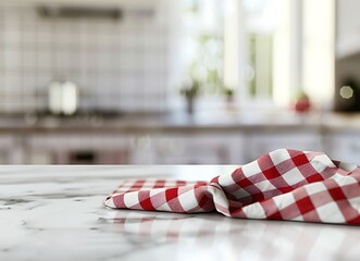 marble table top with blur kitchen background for product display montage, white and red checkered cloth on the countertop, defocused interior of modern clean home in the style of kitchen