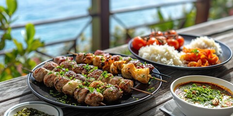 Sticker - mezze and adana kebab in a restaurant at the beach
