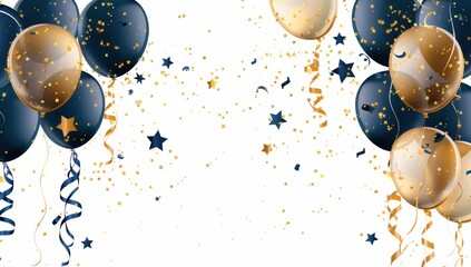 Wall Mural - The background is white, with dark blue and gold balloons, stars, ribbons and confetti for a festive greeting card design or birthday invitation banner template Generative AI