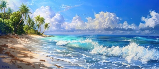 Wall Mural - Engaging and Natural: Stunning Tropical Seaside View with Vibrant Waves and Blue Waters on a Sunny Day