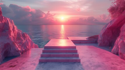 Wall Mural - Pink Sunset Over Ocean With Stone Steps