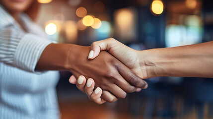 Poster - Close-up photo of a diverse handshake against a soft, out-of-focus backdrop