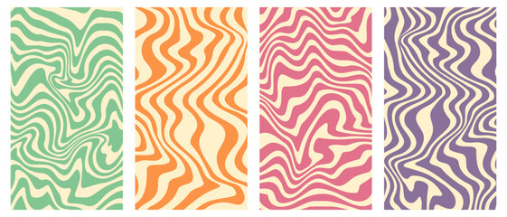 Wall Mural - Vector set of groovy posters in trendy retro 1970s style. Vertical wavy backgrounds. Vector illustration