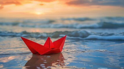 Wall Mural - paper boat leadership concept - red paper boat standing out