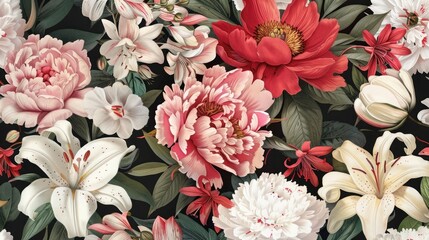 Wall Mural - peonies and lilies floral pattern in a vintage print style ideal for backgrounds