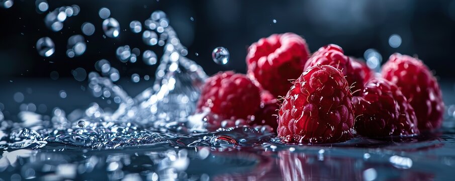 Ripe sweet raspberries with clean water splash isolated on black background